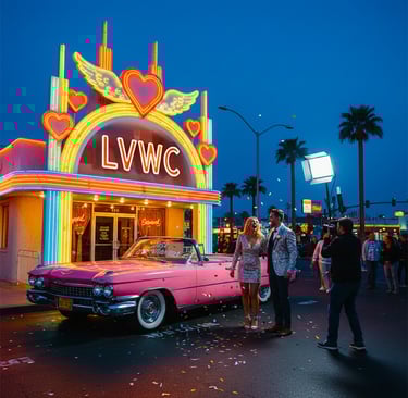 a pink car parked in front of a neon sign