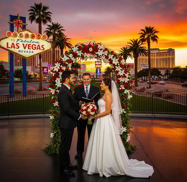 a bride and groom standing in front of a las vegas sign