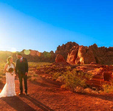 a bride and groom standing in the desert