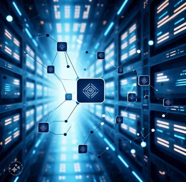 a blue and white background with a blockchain in front of it