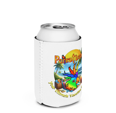 Colorful Parrot Beach koozie featuring a rainbow parrot head, tropical beach scene with palm trees, 