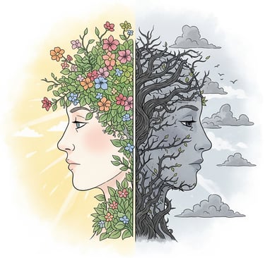  Ilustração de um rosto em perfil, dividido ao meio. O lado esquerdo é vibrante, com flores e folhas