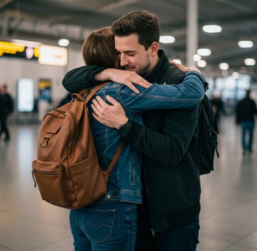 um casal de namorados à distância se encontrando no saguão do aeroporto 