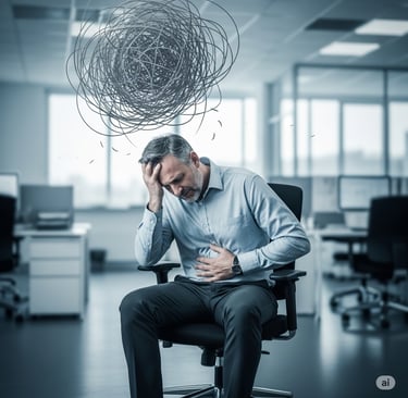 Pessoa sentada sentindo desconforto físico, com uma mão na cabeça e outra no estômago, ilustrando co