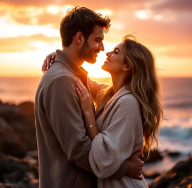 Casal se abraçando em um pôr do sol, demonstrando afeto e conexão
