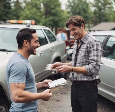 A smiling car seller getting cash from a tow truck driver with an old car in the background.