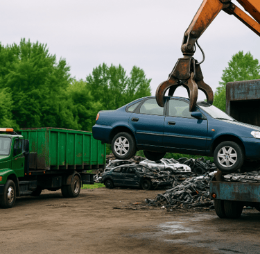 A scrapyard showing a blue sedan being lifted by an orange hydraulic claw, with a green tow truck.