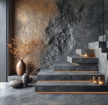 a staircase leading up to a stone wall
