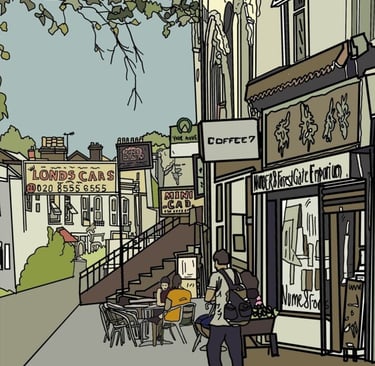 small drawing of forest gate illustration, the famous emporium