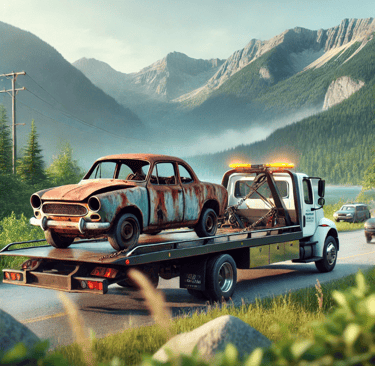 An image of a tow truck in Squamish hauling away an old junk car.