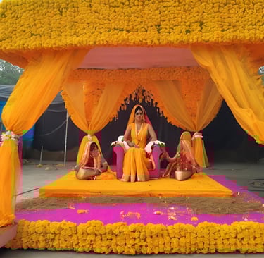 Vibrant Haldi ceremony venue with traditional decor at Shivchand Marriage Hall