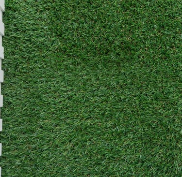 Colorful Easter eggs behind a white picket fence on a green grass background with copy space.