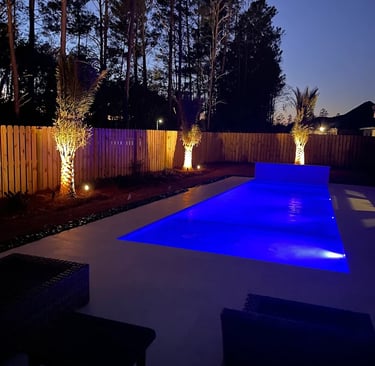 Modern backyard swimming pool with vibrant blue LED lighting and illuminated palm trees at night.