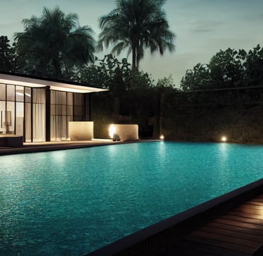 Luxury villa with a lit swimming pool and tropical palm trees at twilight.