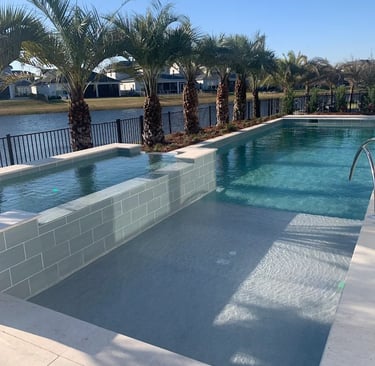 Luxury backyard swimming pool with a modern sun shelf, raised spa, and tropical palm trees overlooking a lake.
