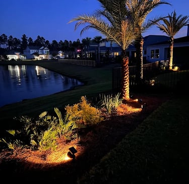 Low voltage landscape lighting illuminating palm trees and shrubs near a lake at dusk.