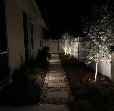 Outdoor pathway lighting illuminates a stone paver walkway and garden trees at night.
