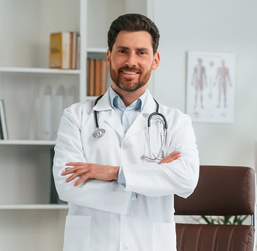 A smiling male doctor in a white lab coat with a stethoscope standing in a modern medical office.