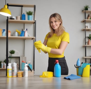 a woman in a striped shirt and yellow gloves is cleaning a table