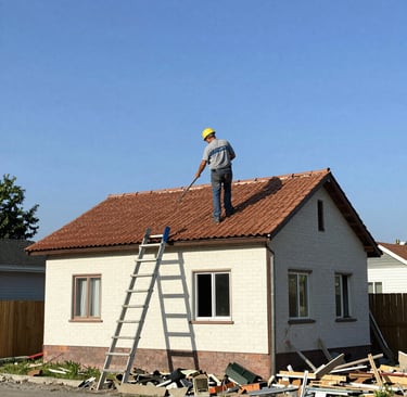 Close-up of a craftsman installing standardized prefabricated building parts on a house exterior.