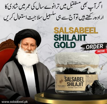 Salsabeel Shilajit Gold supplement jar with an elderly man and Urdu text advertisement for natural health.