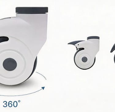 White 360-degree swivel medical casters with locking brakes for hospital furniture wheels.
