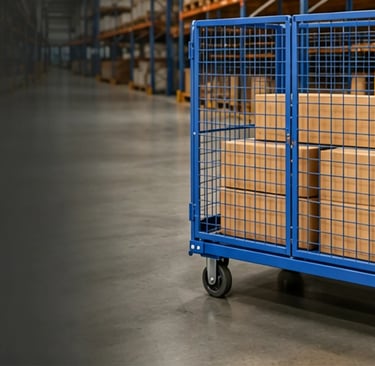 Blue industrial metal roll cage trolley with boxes in a logistics warehouse aisle.