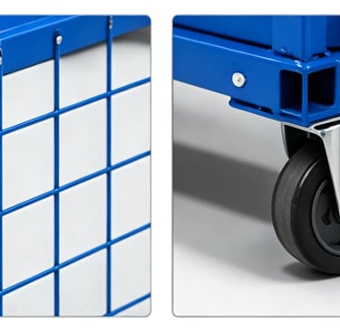 Close-up views of a blue heavy-duty rolling metal mesh storage cage with swivel casters.