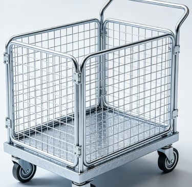 Industrial wire mesh security cage trolley with heavy duty casters and a diamond plate base.
