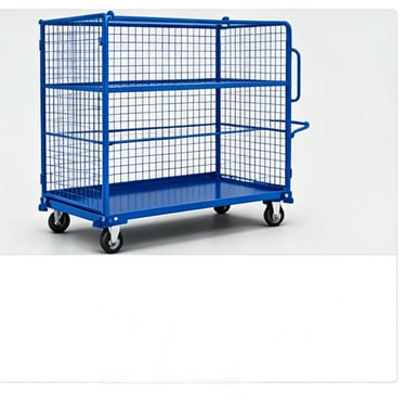 Heavy-duty blue steel industrial rolling warehouse carts with mesh cages and swivel wheels for logistics transport.