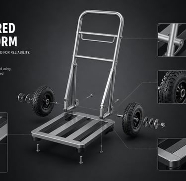 Exploded view diagram of a heavy-duty steel hand truck with an anti-slip platform and reinforced wheels.
