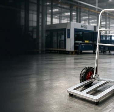 Durable aluminum industrial hand truck with pneumatic wheels in a modern warehouse setting.