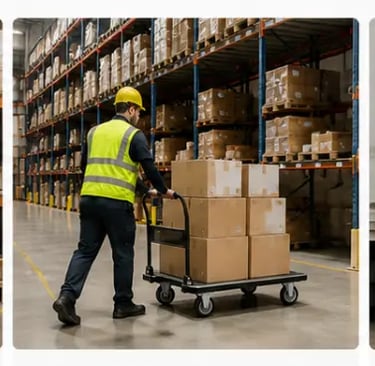 Warehouse workers in safety gear using heavy-duty platform carts to transport and load cardboard boxes.