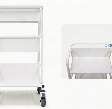 White multi-tier rolling storage cart with wheels and a 45mm handle measurement detail.