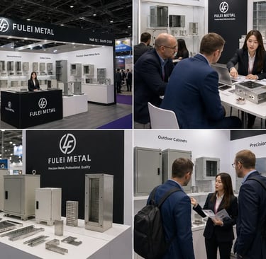 Fulei Metal exhibition booth showcasing precision sheet metal parts and custom outdoor electrical enclosures.