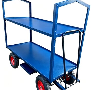 Industrial blue steel order picking trolley with two shelves and heavy-duty pneumatic tires for warehouse logistics.