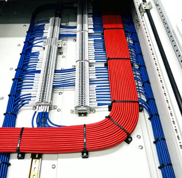 Organized red and blue electrical wiring inside an industrial control panel with terminal blocks.