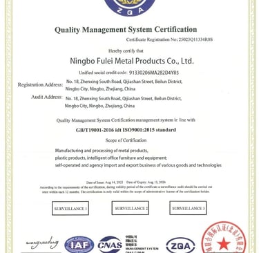 Ningbo Fulei Metal Products ISO 9001:2015 Quality Management System certification document for metal manufacturing.