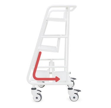 White mobile rolling storage cart with shelves and locking swivel casters for office organization.