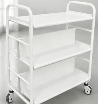 White three-tier metal rolling utility cart with lockable wheels for storage and organization.