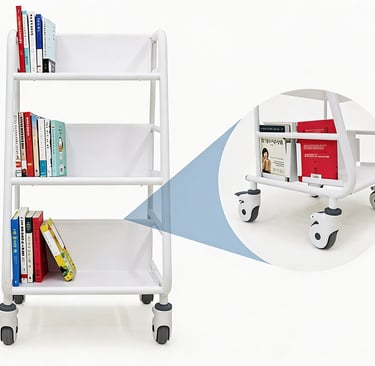 Three-tier white rolling utility cart with books and swivel wheels for library organization.