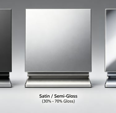 Comparison of matte, satin semi-gloss, and high-gloss paint finishes on metal surfaces.