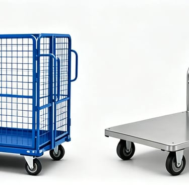 Industrial blue steel cage trolley and silver platform warehouse cart on wheels.