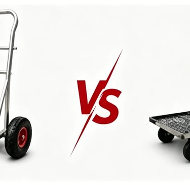 Comparison of a heavy-duty aluminum hand truck vs a four-wheel platform push cart for industrial moving.