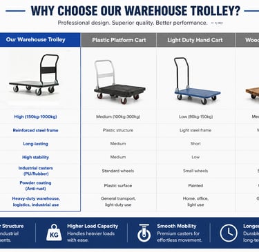 A comparison chart of warehouse trolleys showing load capacity and durability of steel vs plastic carts.