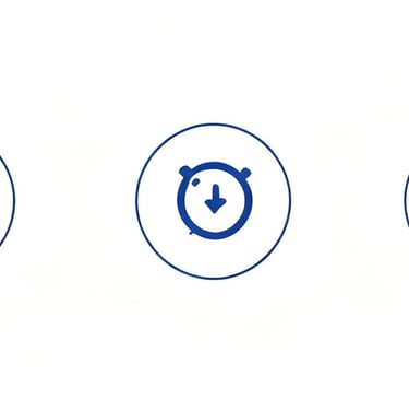 A row of blue line icons in circles including a person, bag, timer, stroller, and shield symbol.