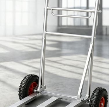 Heavy-duty aluminum hand truck with pneumatic rubber wheels on a warehouse floor.