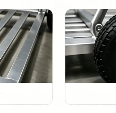 Durable aluminum platform hand truck featuring heavy-duty pneumatic wheels and a reinforced metal frame.