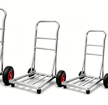 Four industrial aluminum hand trucks in different sizes with pneumatic wheels for heavy lifting.