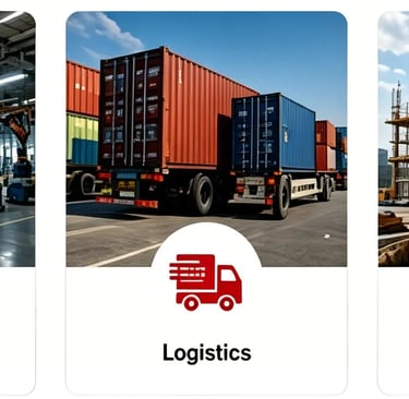 Collage showing industrial services like warehouse storage, factory automation, logistics shipping, and construction.